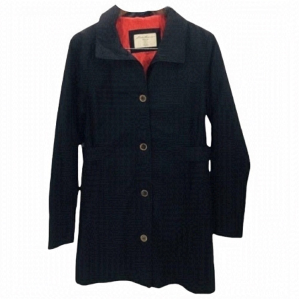 Eddie Bauer Black Mid Length Lined Cotten Trench Coat Jacket size Small